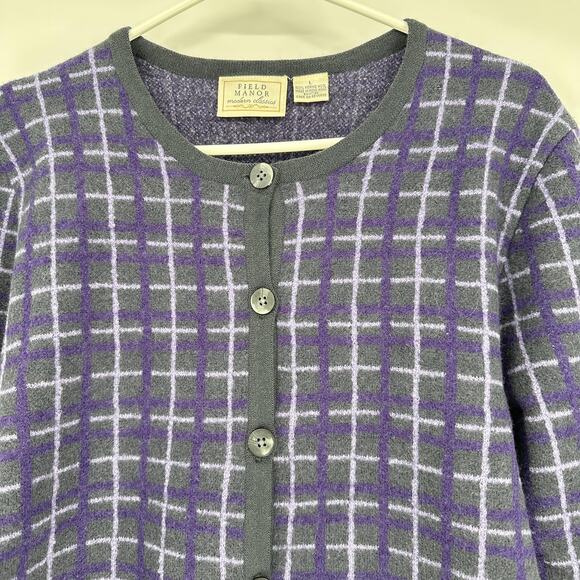 Field Manor Sweater Womens Large Purple Gray Plaid Merino Wool Button Cardigan - Picture 2 of 9